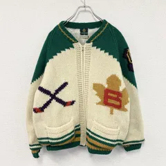 UNIVERSITY SHOP　カウチンニットセーター　フルジップ　裏ボア　マルチカラー　ベージュ　Mサイズ　古着のサムネイル