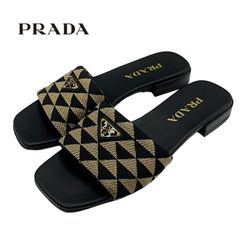 良品 PRADA プラダ フラット サンダル ラフィア 25cm プレート 定番 