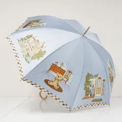 傘 DAKS ダックス USED品 イラスト チェック ライトブルー クマ 建物 木製手元 60cm A3940のサムネイル