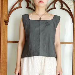1920's フランス アンティーク リネン グレー後染め ノースリーブトップス（m698）