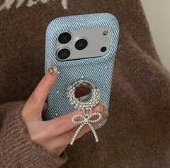 大人気　和風　韓国　デコダイヤ デニムブルー パール星リングスタンド付き iPhone16ProMax/iPhone17 対応スマホケースのサムネイル