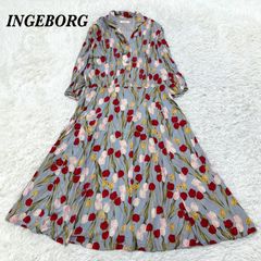 美品】 INGEBORG 長袖ブラウス フリル リボン レース 11 ベージュ 