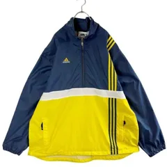 ビッグサイズ！アディダスadidasハーフジップナイロンジャケットウィンブレシャカシャカプルオーバーロゴ刺繍スリーストライプ3本線ネイビー紺イエロー黄色ホワイト白ゆるダボオーバーサイズルーズシルエットアメカジストリートvintageヴィンテージ60320