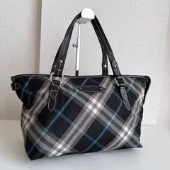 BURBERRY LONDON バーバリーロンドン ブルーレーベル チェック ネイビーブルー×グレー×ブラック×ホワイト レザー キャンバス トートバッグ レザーロゴ 8522のサムネイル