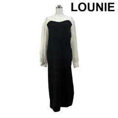 ◇ ルーニィ LOUNIE ロングワンピース 長袖 ラウンドネック Iライン 異素材 ボリュームスリーブ 黒 白 サイズF レディース S6E390