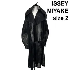 ◆ イッセイミヤケ ISSEY MIYAKE カーディガン ロング丈 長袖 メッシュ フード 前開き リネン混 黒 2 オーバーサイズ レディース S6E395のサムネイル