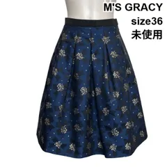 ◇ 未使用 エムズグレイシー M'S GRACY 膝丈スカート フレアスカート Aライン 花柄 リボン ネイビー 36 S 7号 レディース S6E386