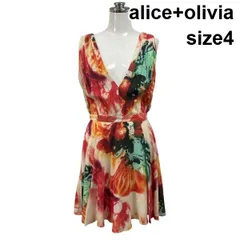 □ アリスアンドオリビア alice+olivia ミニワンピース ミニドレス ノースリーブ Vネック Aライン 花柄 絹 4 S 7号 レディース S6E376のサムネイル