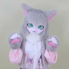 着ぐるみヘッド 猫 立ち耳 ライトグレー 全頭ヘッド ケモノ マスク ファースーツ ぬいぐるみ コスプレ コスチューム kigurumiのサムネイル