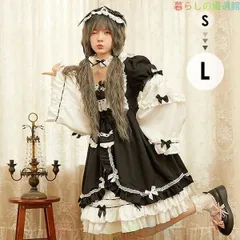 大人気！メイド服 ロリータワンピース 長袖 ブラック ヘッドドレス 付け襟 付け袖 白黒 クラロリ 秋冬 膝丈 リボン レディース lolita ロリータll0522