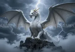 【迫力満点】雷鳴轟く空に鎮座する白龍 幻想的な風景画 },-Fantasy Dragon Art X2B15