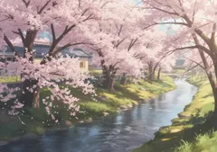 【春の訪れ】満開の桜並木と清流の風景画 ポスター 額装なし アート X2B26