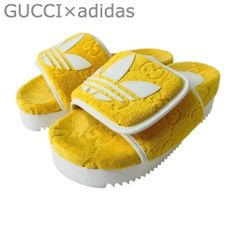 極美品 GUCCI×adidas グッチ×アディダス コラボ プラットフォーム サンダル ロゴ GG柄 ベルクロ オープントゥ パイル イエロー 約22~22.5cm レディース