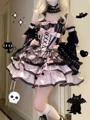 ロリータワンピース  lolitaドレス  洋服  3点セット（ワンピース＋アームカバー＋レースネックカラー）少女風  ふんわり レース＆リボン装飾  コスプレ
