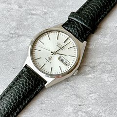 SEIKO TYPE II 7546-8000 Silver Vintage Quartz Watch, Day-Date, Slim Design, Men's, Antique Leather Strap