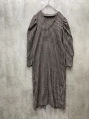 美品 lawgy ラウジー チェック ショルダーパフ ロング ワンピース Vネック Iライン パイピングデザイン バックスリット sizeF/黒ｘピンク ■◇ レディース