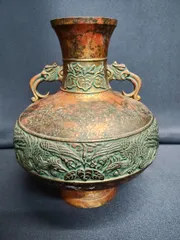 V014 晴雲鋳造 晴雲作 銅製 双耳 花瓶 壺 花器 花鳥紋 浮き彫り 高岡銅器 華道 床の間 飾り 和風 骨董 レトロ 状態C Seiun Bronze Vase Flower Pot Antique Takaoka