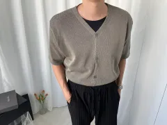 メンズ カーキベージュ 半袖カーディガンのサムネイル