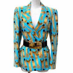 極美品★GUCCI グッチ 740422 シルク混 ベルト付 リップ 総ロゴデザイン ダブルブレストジャケット ブルー 38 イタリア製 正規品 レディースのサムネイル