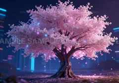 【幻想的な夜桜】光る桜の木 ネオン夜景 アートポスター 癒し空間 X2C19
