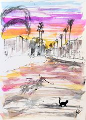 原画#526 黒猫 猫 マルタ共和国 夕暮れ 水彩画 ドローイング アート