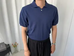 メンズ ネイビーブルー 半袖 カラーニットのサムネイル