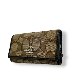 【良品】コーチ COACH シグネチャー キーケース 5連 鍵入れ スマートキー キャンバス レザー 本革 ブラウン 茶色 ダークブラウン シルバー金具 ロゴ 普段使い ビジネス 通勤 通学 メンズ レディース ユニセックス 男女兼用 小物 定番 人気 M4