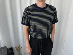 メンズ ストライプ 半袖 ニット クルーネックのサムネイル