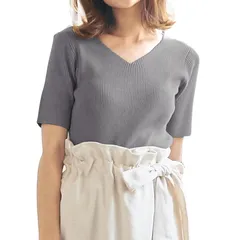 【新品】 [神戸レタス] 半袖 ベーシックリブニット 無地 シンプル セーター 春 夏 仕事 通勤 着回し おしゃれ 可愛い [C3147] M Vネック グレー 0