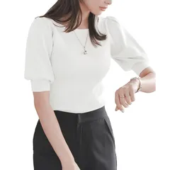 【新品】 [神戸レタス] 半袖 ベーシックリブニット 無地 シンプル セーター 春 夏 仕事 通勤 着回し おしゃれ 可愛い [C3147] フリー NEWパフスリーブ ホワイト 0