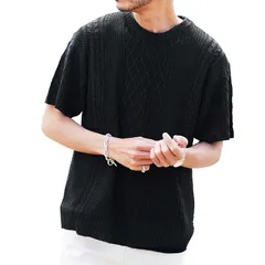 【新品】 [JIGGYS SHOP] ジギーズショップ サマーアランニット｜M Aブラック 春服 夏服 サマーセーター トップス 薄手 V U クルー ネック 丸首 無地 ボーダー 半袖 サーフ系 父の日 ドライ シンプル 大人 きれいめ カジュアル