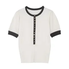 【新品】 [神戸レタス] 裾スリット デザインボタン 半袖ニット トップス バイカラー 春 夏 ニット きれいめ 上品 [C7088] M オフホワイト 1