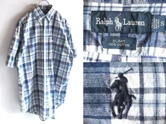 希少 USA製 90sビンテージ Ralph Lauren ラルフローレン BLAKE ポロポニーロゴ刺繍 半袖 コットン チェックシャツ BDシャツ S 紺 白