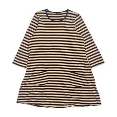marimekko マリメッコ ボーダー柄 Aライン 五分袖 7分袖 ワンピース チュニック丈 カットソー 160/ベージュ×ブラック系 レディース フィンランド製 北欧のサムネイル