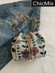 バッグ レディース ショルダーバッグ カラーブロック生地 フローラル刺繍 チェーンストラップ ミニバケツ ショルダーバッグ