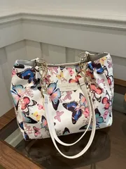 バッグ レディース ショルダーバッグ ファッション ストライプ柄 ハンドバッグ - レディース 大容量 ショルダーバッグ - ジッパートートバッグ デイリー使用 - 金属チェーン付き トートバッグ カラフルな蝶柄