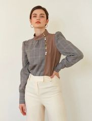 Estella.K エステラケー ギンガムチェック ブラウン ブラウス フリル 