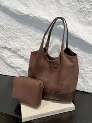 バッグ レディース トートバッグ 2点セット コインケース&トートバッグ、マルチマテリアルパッチワーク大型バッグ、ヴィンテージスエード カジュアルショルダートートバッグ、レター プリント、リボンデコレーション、ドロ