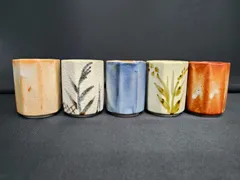 V016 八角 湯呑み 5客セット 絵変わり 草花模様 陶器 和食器 茶器 木箱入り レトロ アンティーク 状態B Octagonal Teacup Set of 5 Japanese Pottery Retro