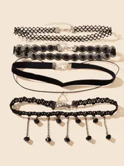 ジュエリー レディース ネックレス セット 4点セット ブラック フラワー トライアングルペンダント タッセルチョーカー