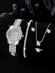Ladies' Watch Set: Rhinestone Decorated Quartz Watch & Necklace, Bracelet, Ring, Earrings Jewelry Set (5 Pieces), Perfect for Vacations