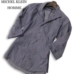 MICHEL KLEIN HOMME ミッシェルクラン オム イタリアンカラー★ 七分袖 スリム ストライプ シャツ Sz.46 メンズ ネイビー