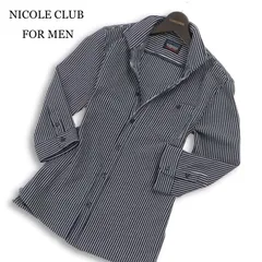 NICOLE CLUB FOR MEN ニコルクラブ フォーメン 襟ワイヤー★ 7分袖 ストライプ カット シャツ Sz.46 メンズ ネイビー