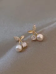 ジュエリー レディース イヤーアクセサリー ラインストーン&フェイクパール装飾 チェリーデザインスタッドピアス