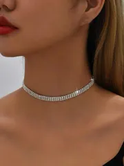ジュエリー レディース ネックレス 1個 女性用 シルバーカラー 3列ラインスパークリングジルコニアダイヤモンドネックレス、バケーションやイブニングパーティーに最適