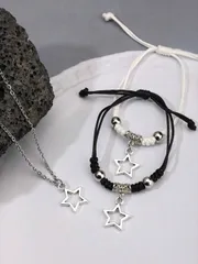 ジュエリー レディース セット ヴィンテージパンクスタイル 2つのスターデザインブレスレットとネックレス ギフトにぴったりのユニセックスアクセサリーセット(バングル2つとネックレス1つ)
