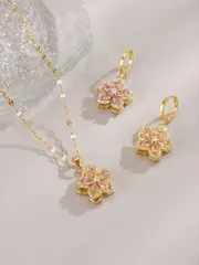 ジュエリー レディース セット ステンレス製 レディースネックレス 5ペタル キュービックジルコニア 花 + ステンレス製 レディースピアス 5ペタル キュービックジルコニア 花 バレンタイン、母の日、母親、プレゼ