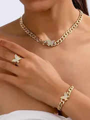ジュエリー レディース セット 金属製ゴールドのエレガントなラインストーン蝶ペンダントネックレス、ブレスレット&リングセット3点、女性の日常、パーティー、フェスティバルに適しています