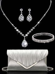 Ladies' Jewelry Set: Rhinestone Jewelry Set - Necklace, Earrings, Bracelet, Evening Clutch Bag, Bridal Wedding Glitter Envelope Clutch with Detachable Metal Chain