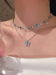 ジュエリー レディース ネックレス セット ブルークリスタル蝶ネックレス 2個セット、女性/女の子用二重層チョーカーネックレスジュエリーギフト